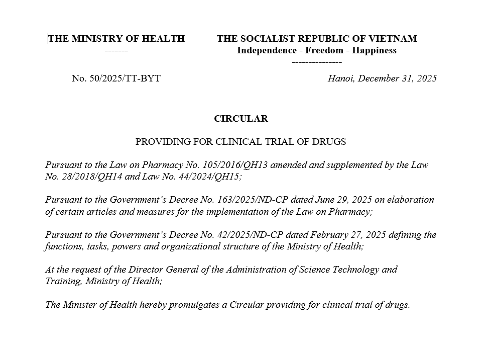 Vietnam Updates Circular 50 on Clinical Trials